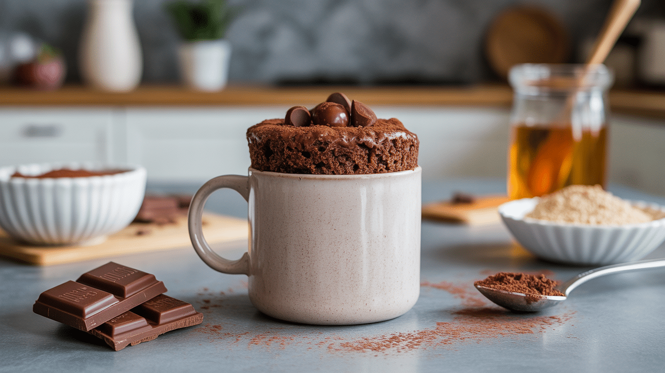 Mug cake chocolat healthy dans tasse blanche avec pépites