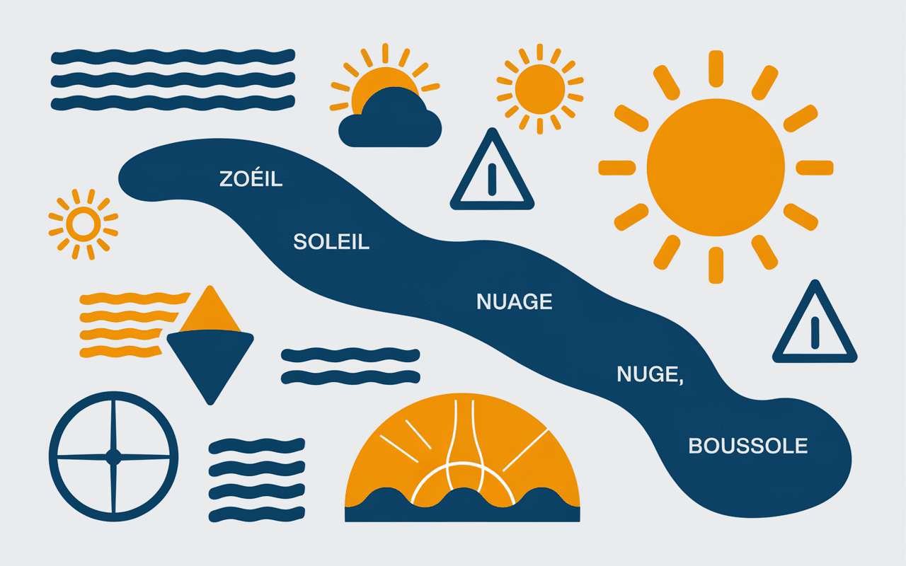 carte stylisée avec symboles vent et mesures profondeurs pour spot kitesurf