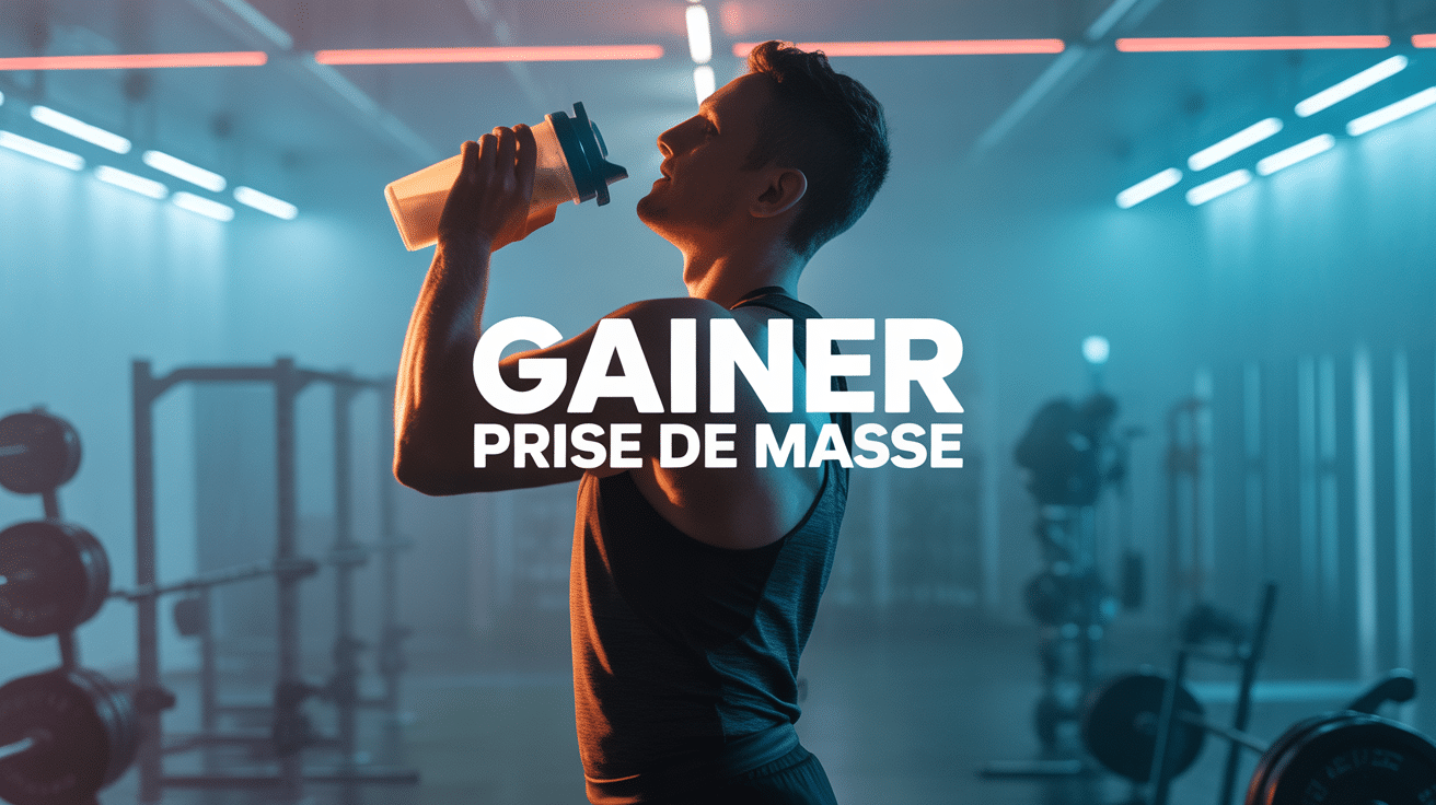 Homme silhouette avec shaker gainer prise de masse en salle de sport