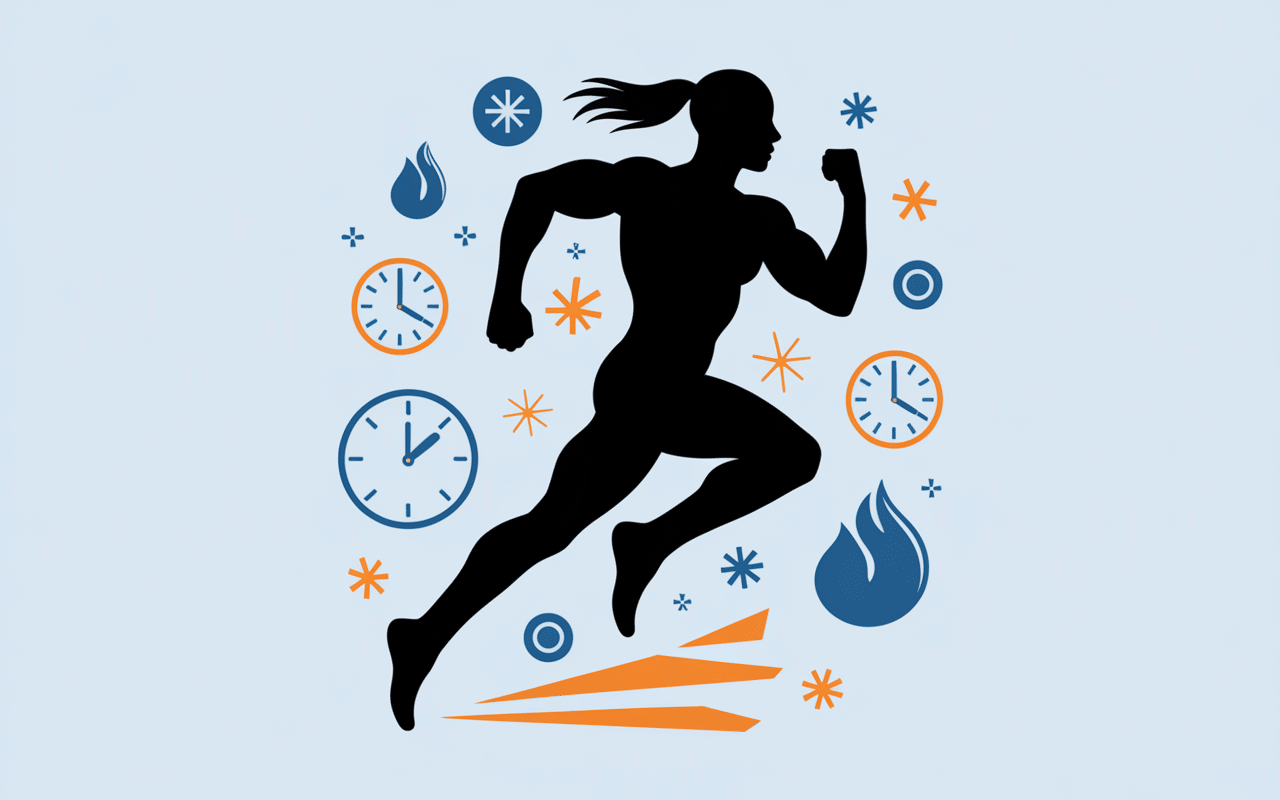 Silhouette athlète en mouvement avec icônes récupération et muscles glutamine