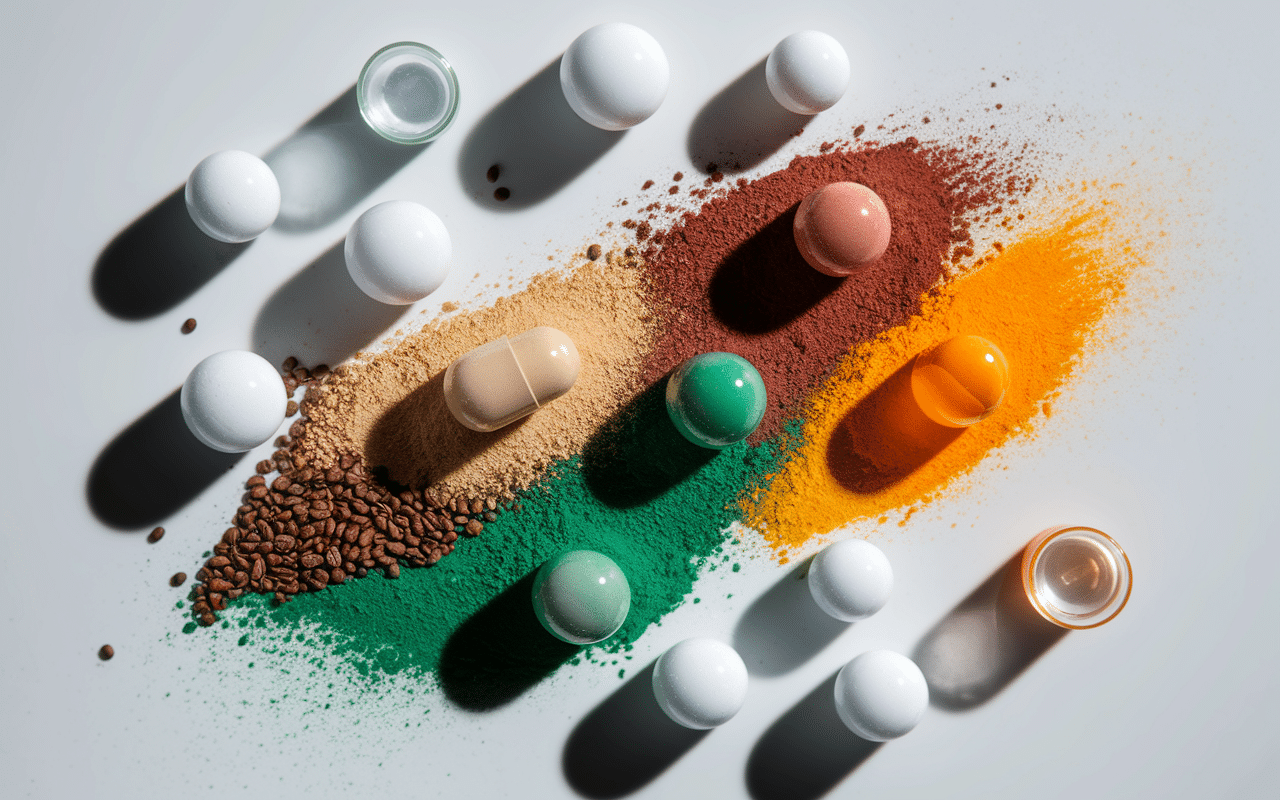 poudres colorées et capsules pre workout avec grains café et creatine