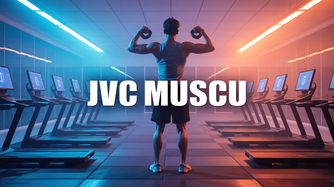 Jeune homme silhouette soulevant haltères salle sport avec éléments gaming jvc muscu