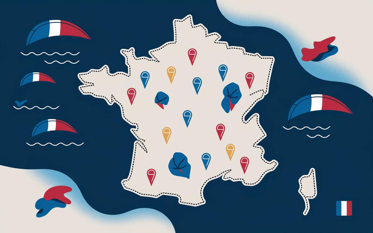 carte de france avec points kitesurf et voiles miniatures sur littoral