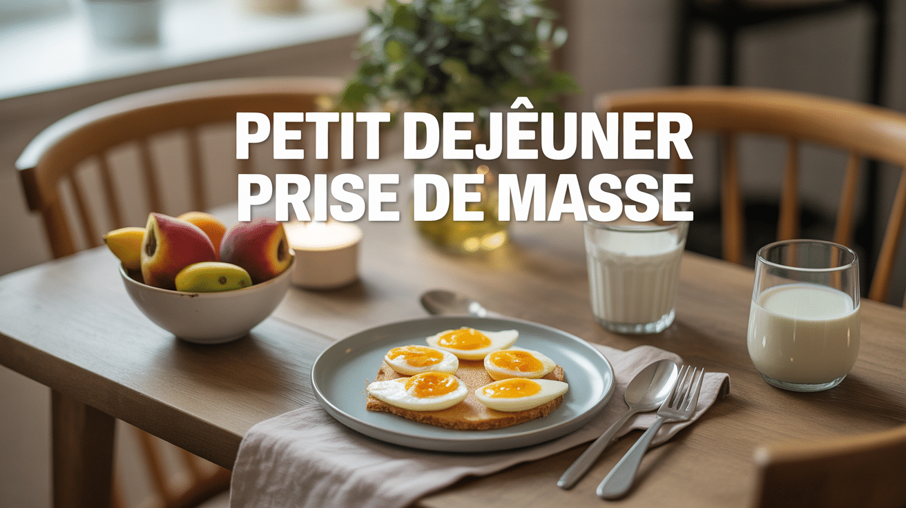 Petit déjeuner prise de masse avec oeufs, avoine, lait, fruits à coque et haltères