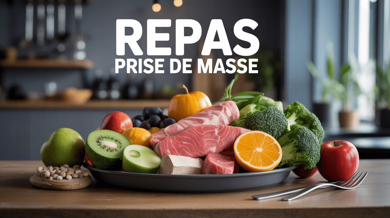 Assiette colorée repas prise de masse avec haltères en arrière-plan