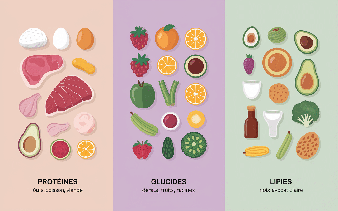 Infographie macronutriments clés repas prise de masse protéines glucides lipides