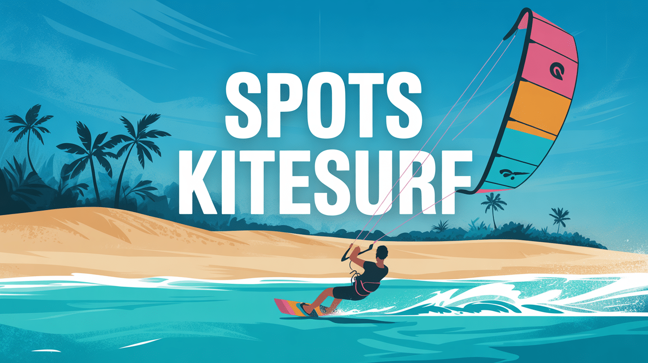 kitesurfeur sur eaux turquoise avec voile colorée et plage tropicale