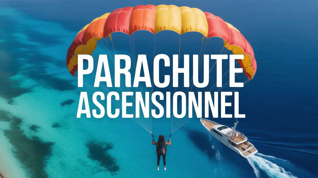 personne en parachute ascensionnel au-dessus d eaux turquoise