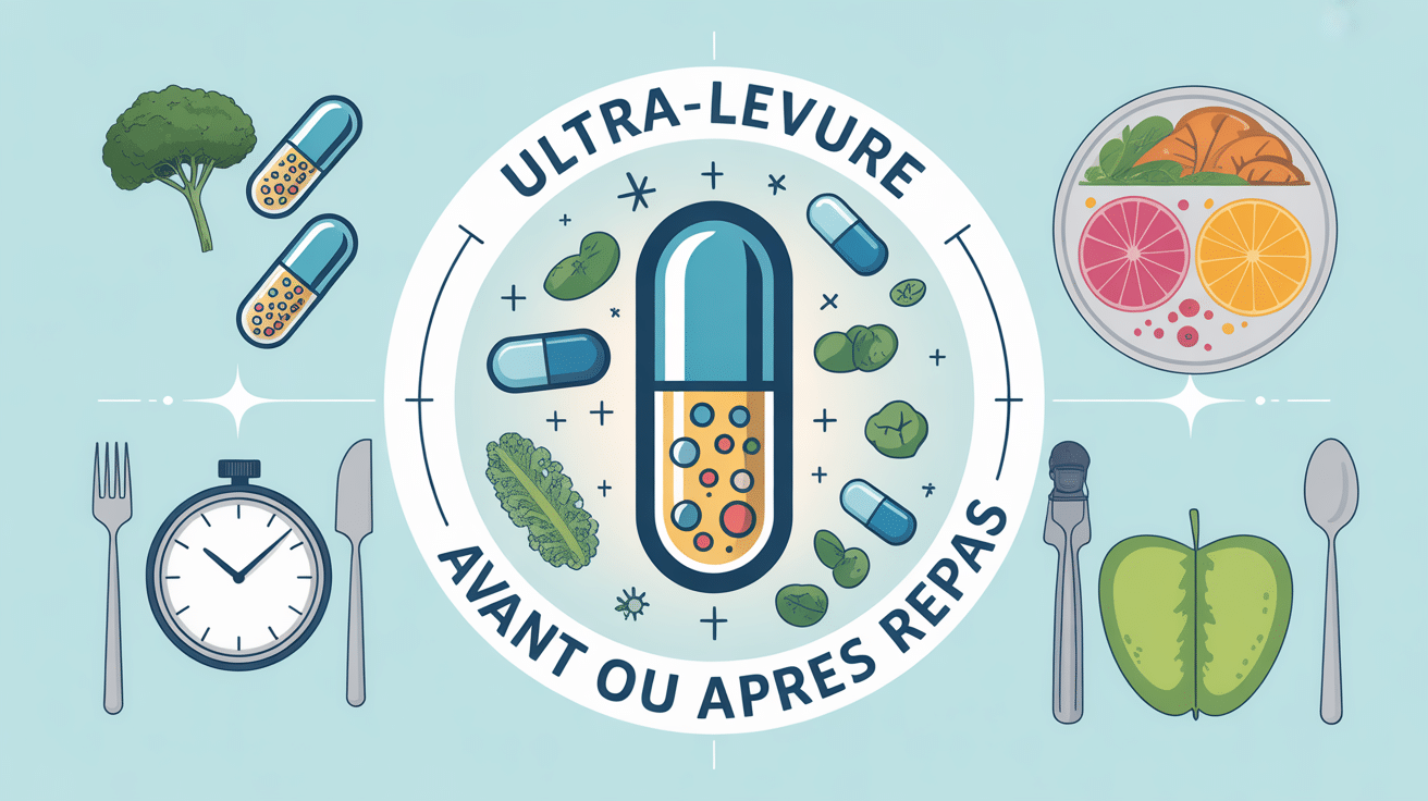 Illustration ultra-levure avant ou après repas avec micro-organismes et horloge