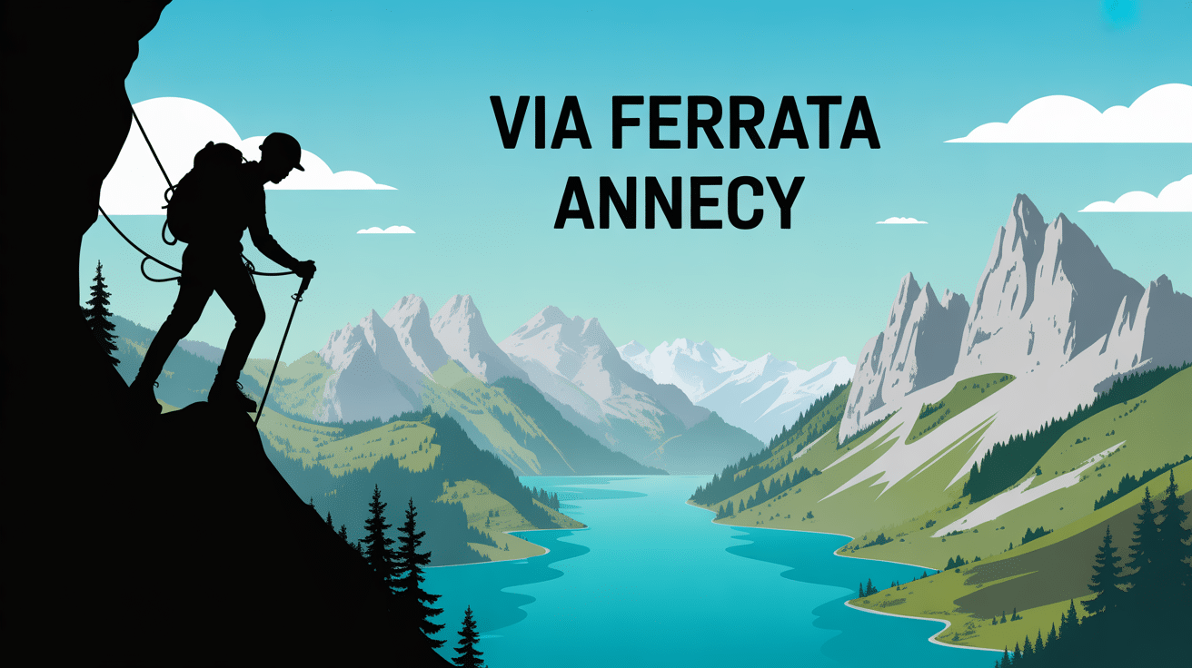 alpiniste sur paroi via ferrata annecy vue lac