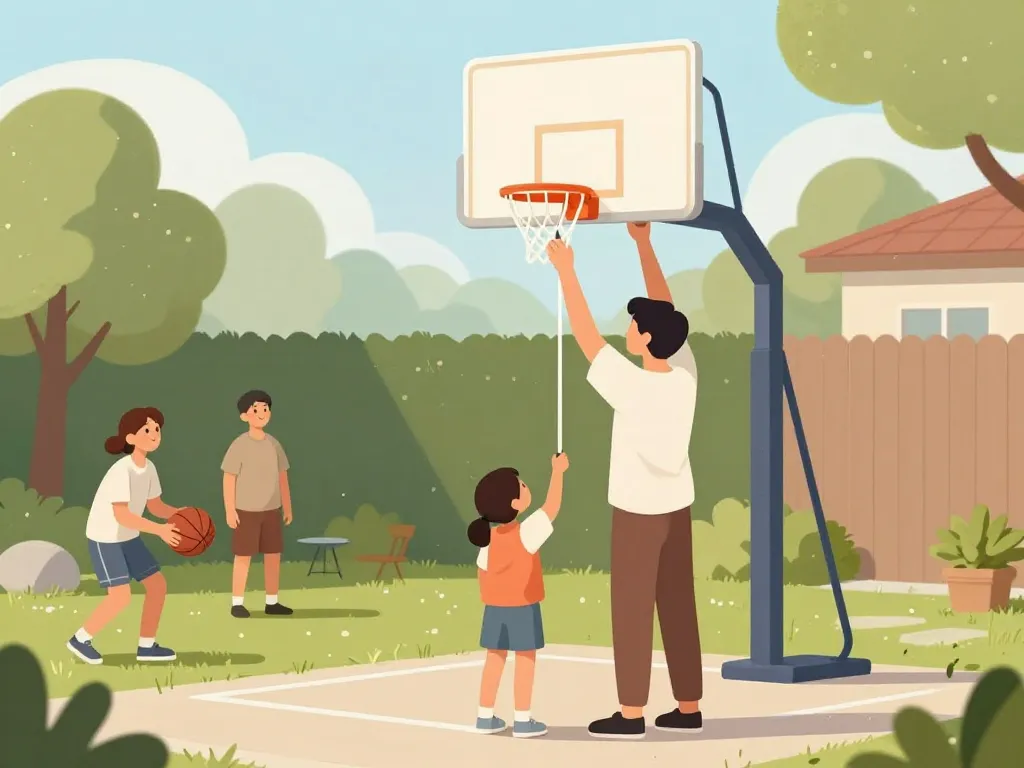 Famille qui règle hauteur panier basket maison