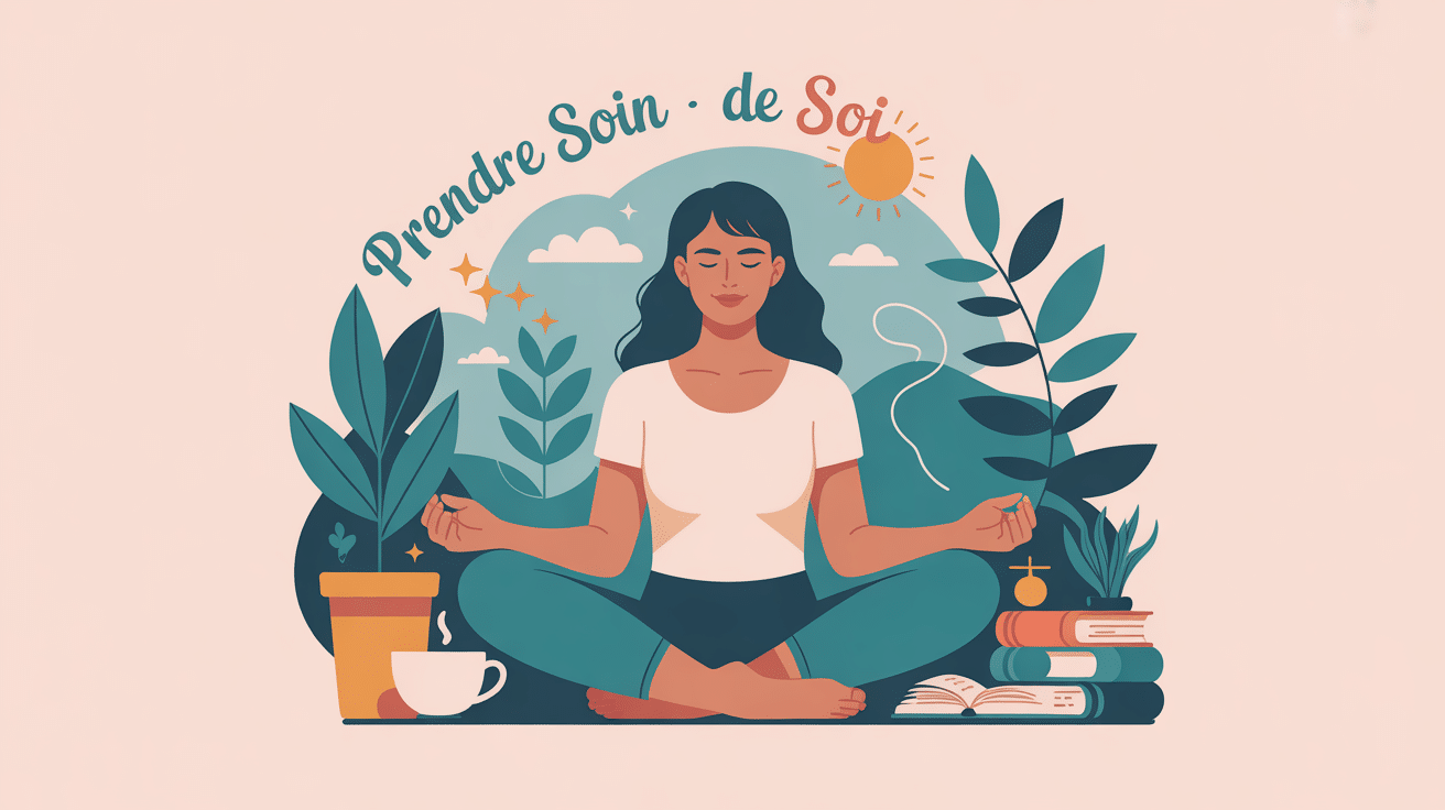Prends soin de toi : personne apaisée entourée de symboles d'équilibre
