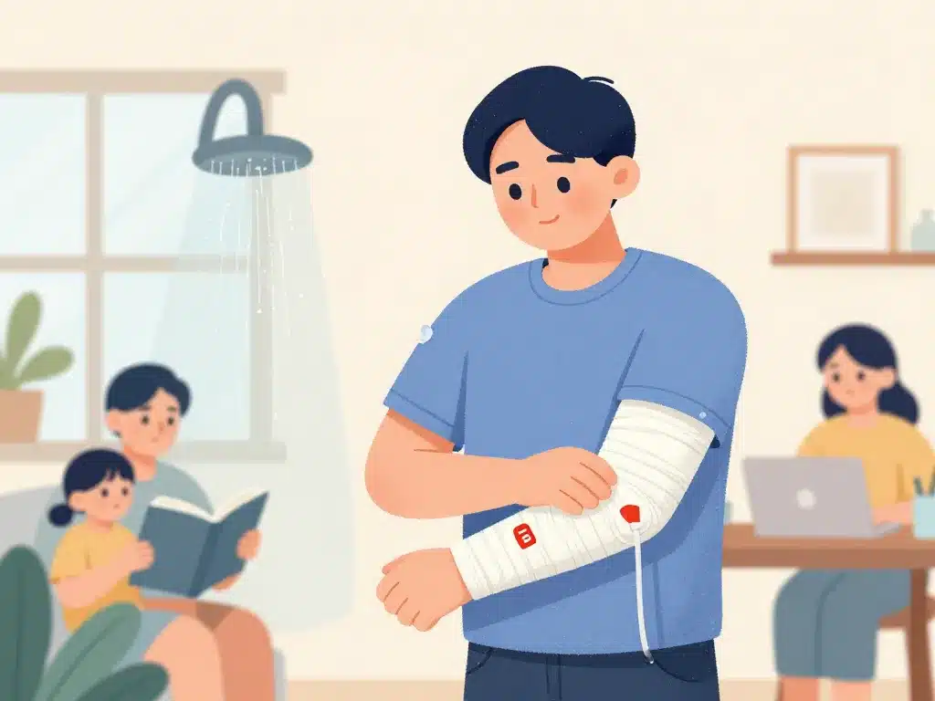 illustration soins picc line quotidien bandage douche