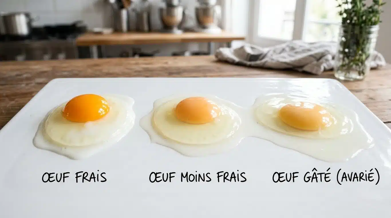Comparaison visuelle de la fraîcheur des œufs : jaune bombé et blanc épais vs jaune plat et blanc liquide.