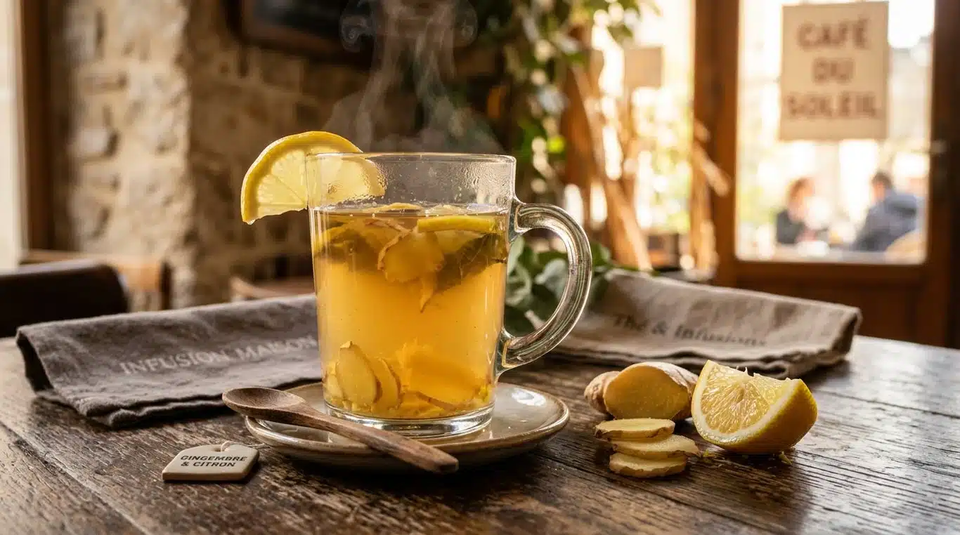 Infusion de gingembre et citron fraîchement préparée dans une tasse en verre