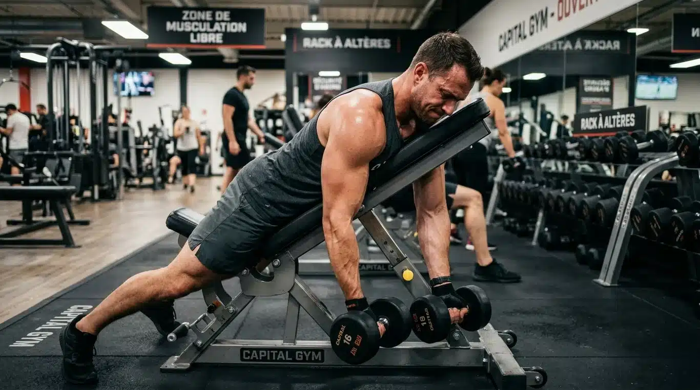 Illustration de la posture correcte pour le spider bicep curl sur un banc incliné.