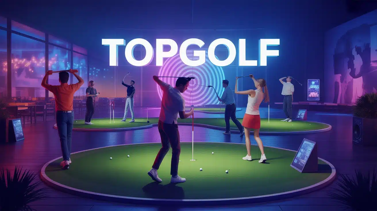 Scène Topgolf avec joueurs et cibles lumineuses