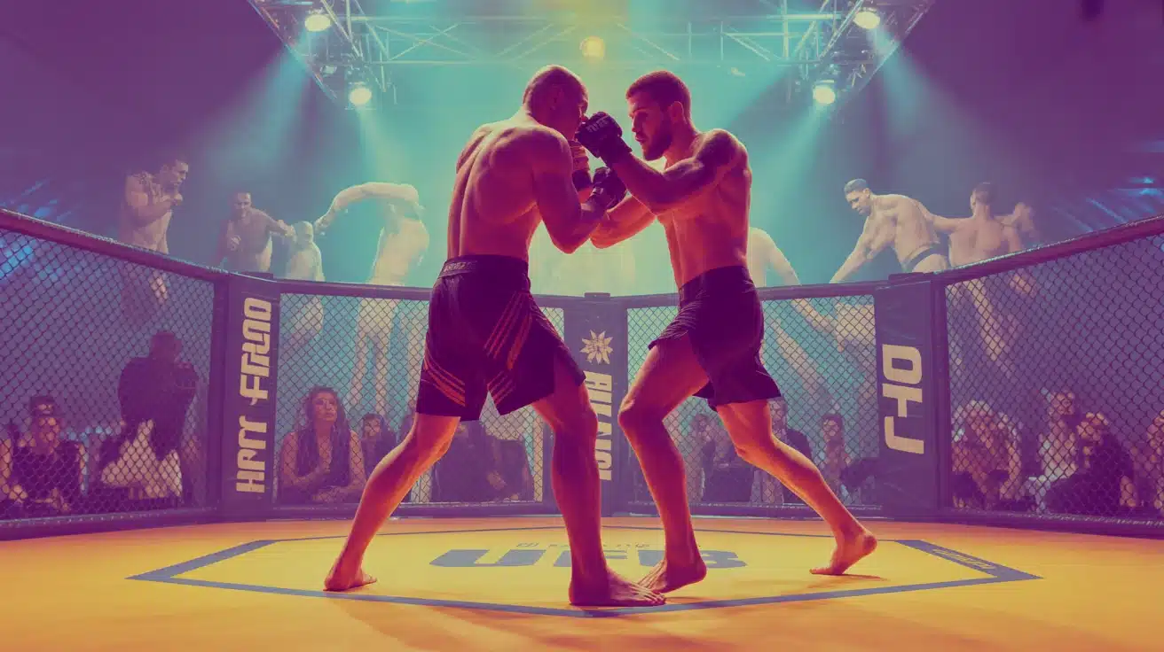 Combat intense UFC 308 dans une arène stylisée