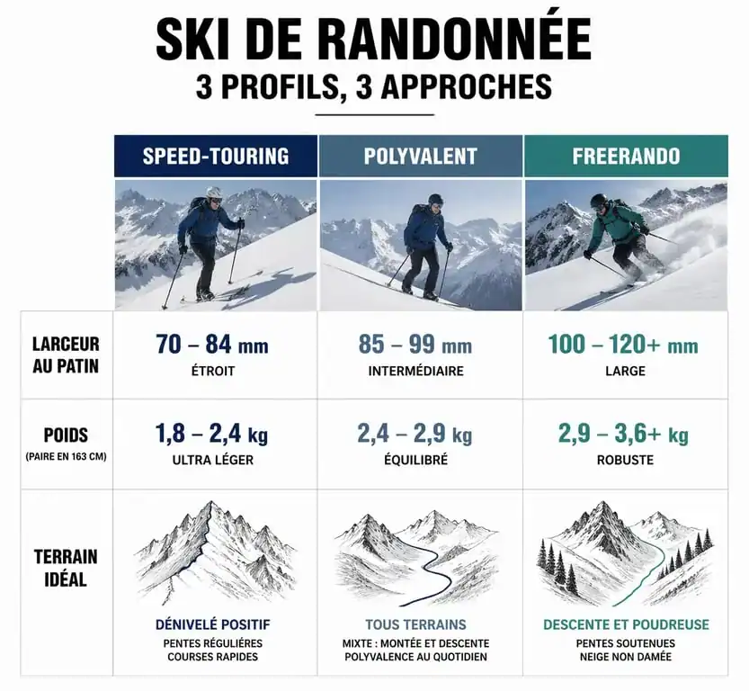 Tableau comparatif des types de ski de randonnée : Speed-touring, Polyvalent et Freerando