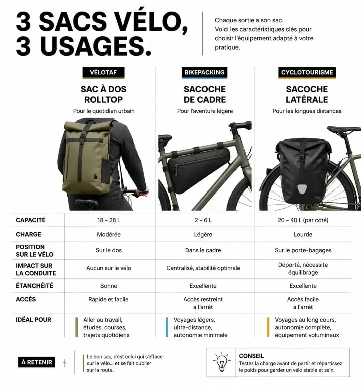 Infographie comparative des types de sac vélo selon l'usage : vélotaf, bikepacking et cyclotourisme