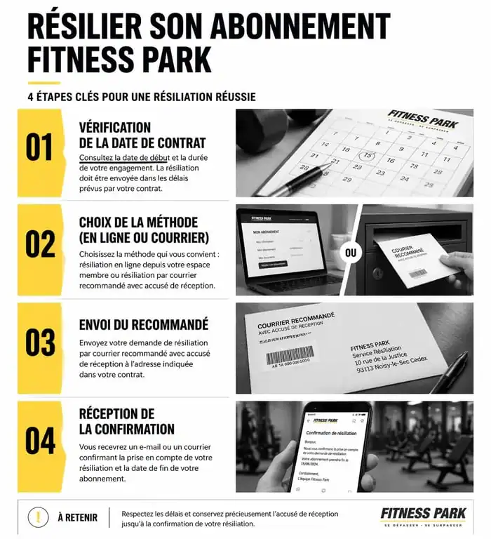 Infographie des étapes de résiliation Fitness Park pour un abonnement en salle de sport