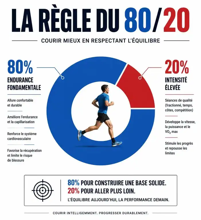 Infographie illustrant la règle du 80/20 pour l'endurance fondamentale en course à pied
