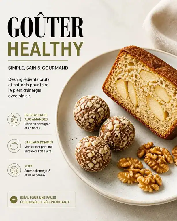 Goûter healthy composé d'energy balls et de cake aux pommes maison pour une collation équilibrée