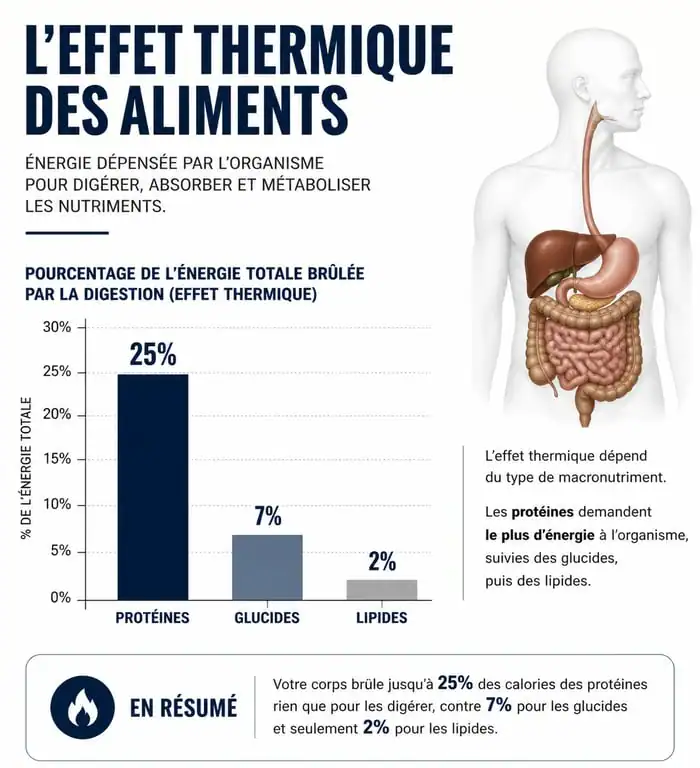 Infographie sur l'effet thermique des aliments et les protéines pour comprendre si les protéines font grossir