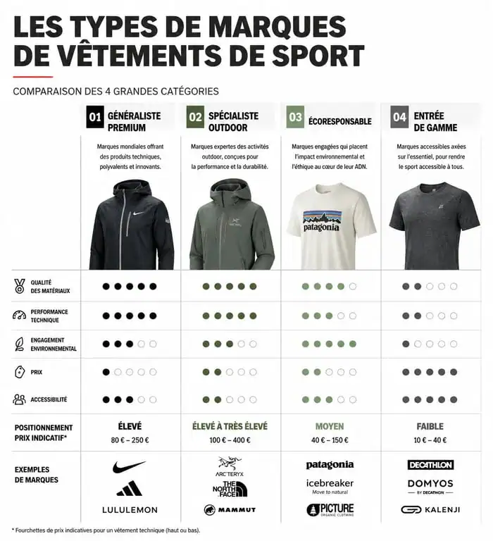 Infographie comparative des marques de vêtements de sport : généralistes, spécialistes, écoresponsables et entrée de gamme.