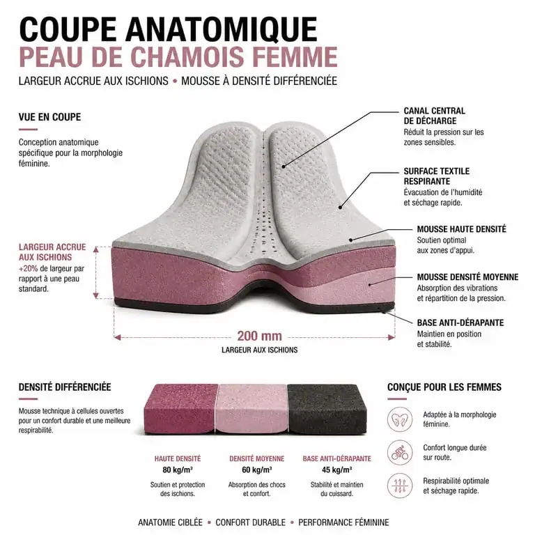 Schéma technique comparatif de la peau de chamois pour cuissard vélo femme, montrant l'ergonomie spécifique pour le bassin féminin.