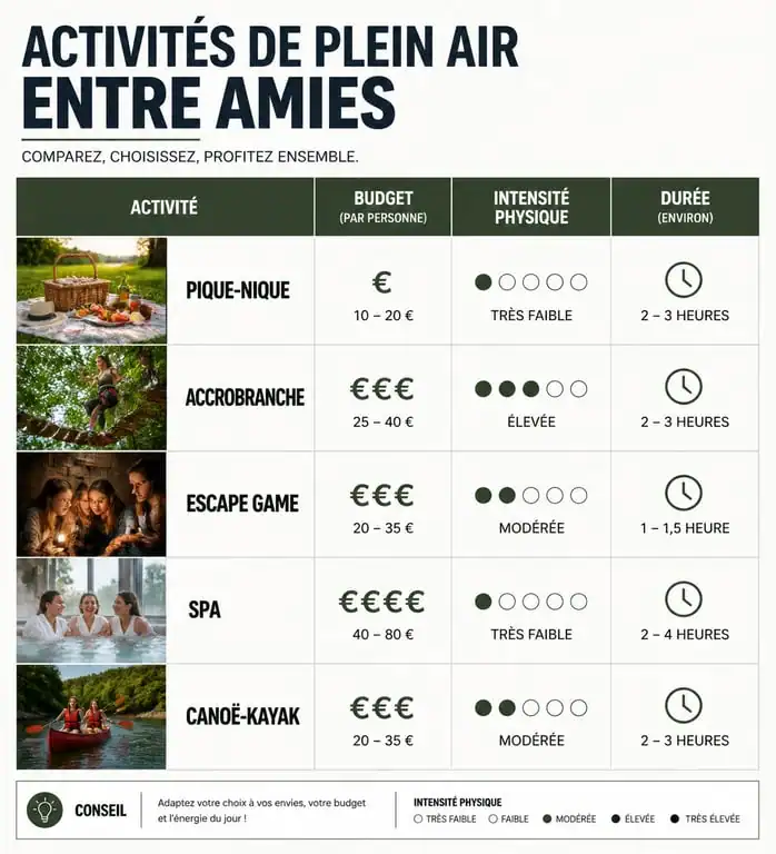 Infographie comparative des activités de plein air entre copines : budget, intensité et durée