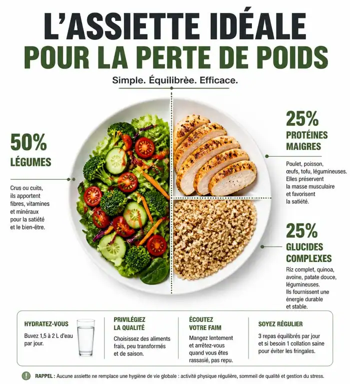 Infographie sur la composition d'une assiette équilibrée pour maigrir