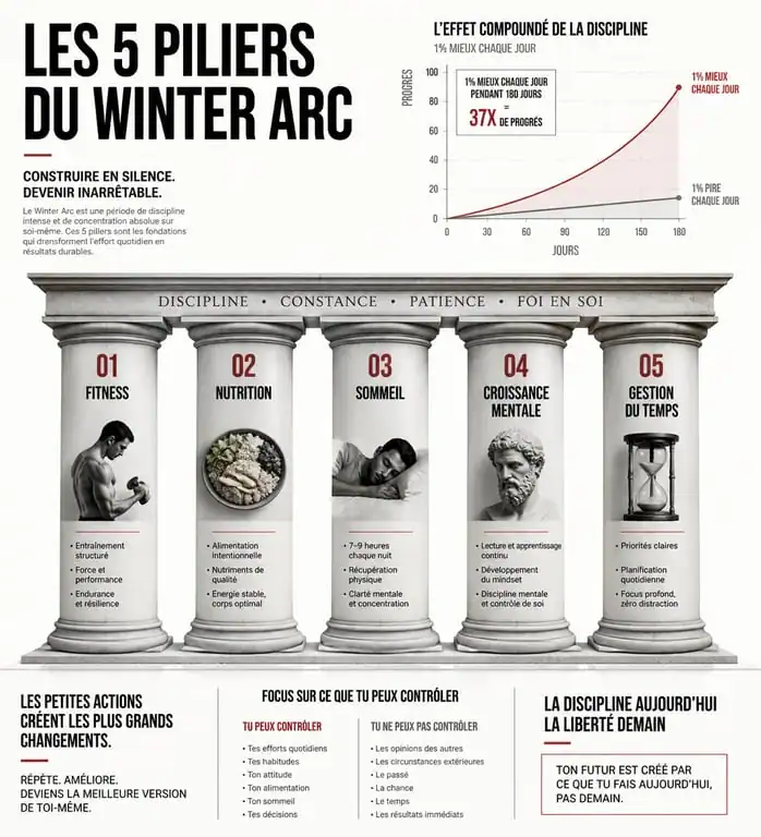 Infographie des 5 piliers du Winter Arc pour réussir sa transformation physique et mentale