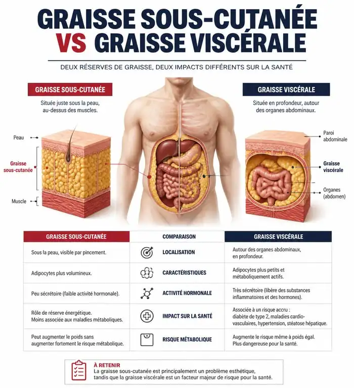 Schéma comparatif entre graisse sous-cutanée et graisse viscérale pour maigrir du ventre