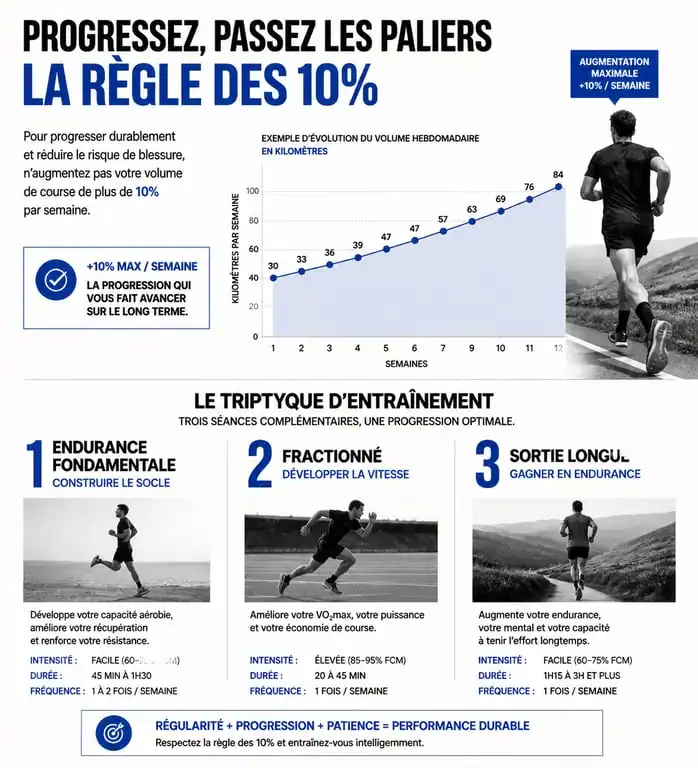 Infographie sur la progression en entraînement à la course à pied et la règle des 10%