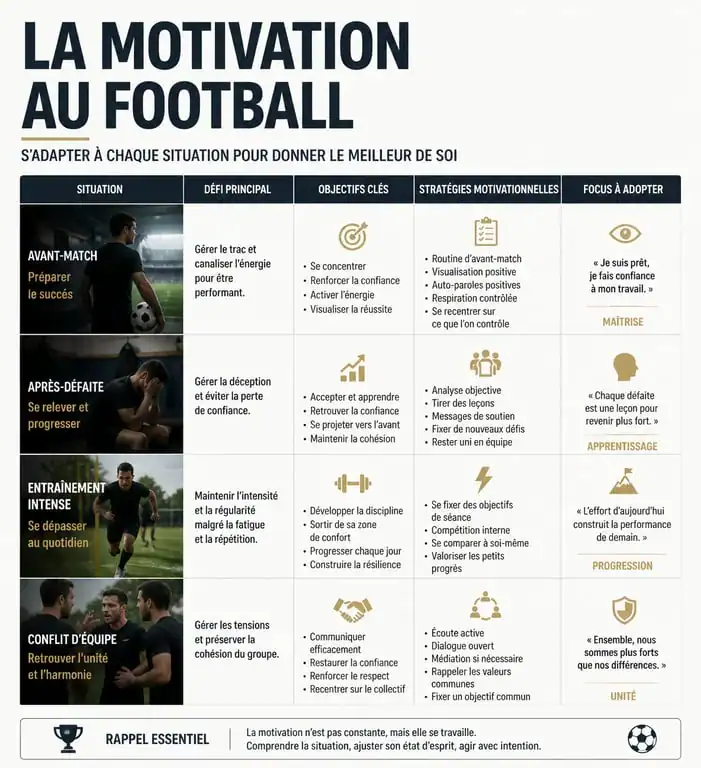Infographie récapitulative des situations pour utiliser une citation de motivation au football