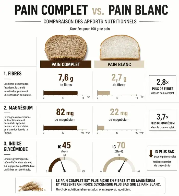 Infographie comparative des bienfaits nutritionnels du pain complet par rapport au pain blanc