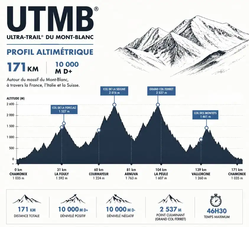 Profil altimétrique du parcours UTMB avec points de passage clés