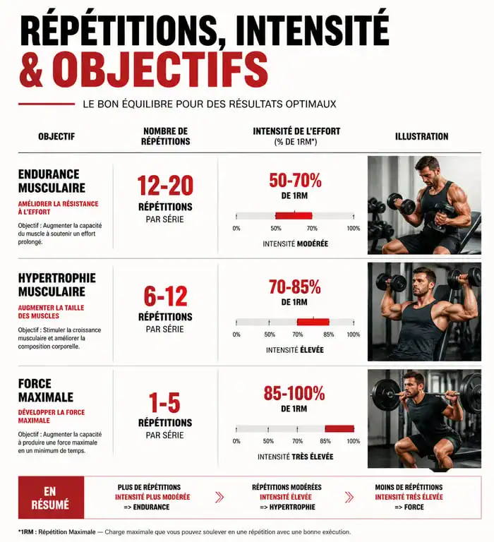 Infographie sur les objectifs de musculation et le choix des poids de musculation