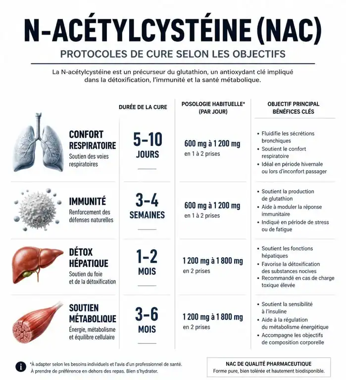 Infographie des durées de cure de NAC recommandées selon les objectifs de santé