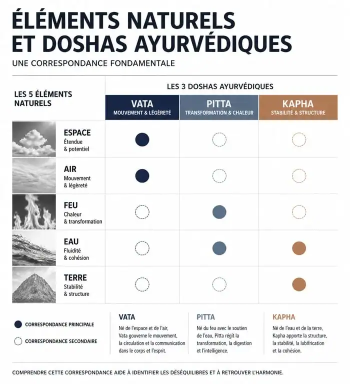 Schéma explicatif des cinq éléments et des trois doshas en Ayurveda pour comprendre sa constitution unique.