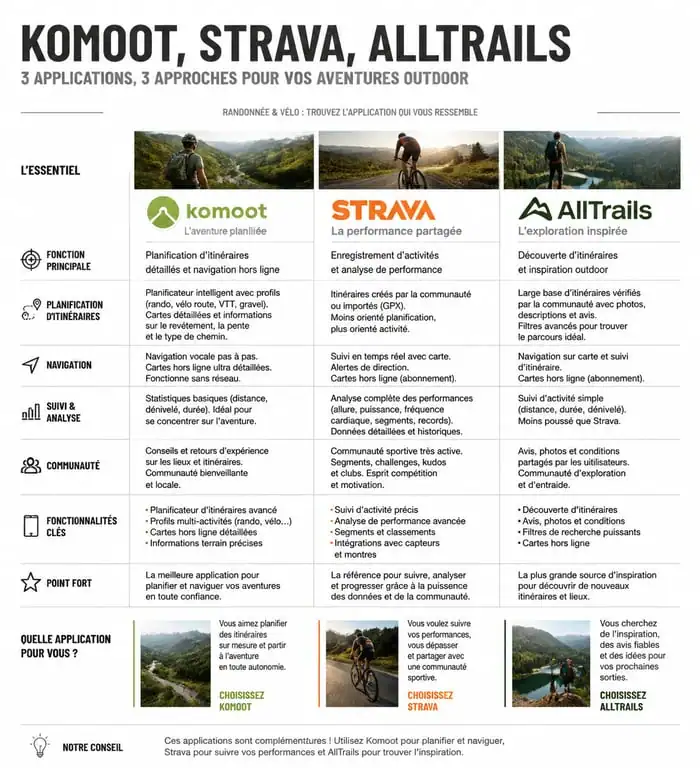 Comparatif des meilleures applications de randonnée et vélo : Komoot, Strava et AllTrails