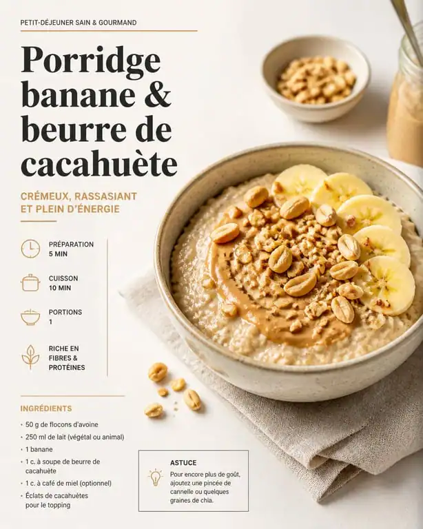 Recette de porridge crémeux à la banane et au beurre de cacahuète dans un bol