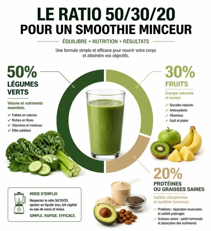 Infographie du ratio 50/30/20 pour un smoothie perte de poids efficace