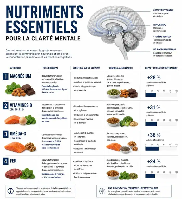 Infographie des nutriments essentiels pour retrouver de l'énergie mentale et améliorer la concentration