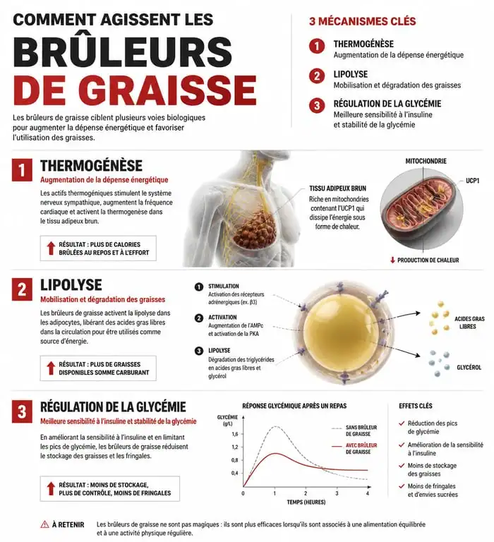 Infographie explicative sur le fonctionnement des brûleurs de graisse et leur impact sur le métabolisme