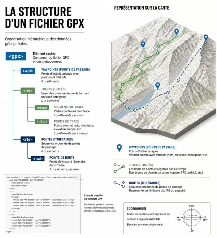 Infographie explicative de la structure d'un fichier trace gpx avec waypoints, tracks et routes