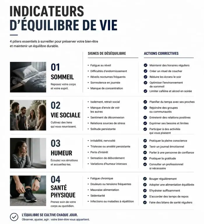 Infographie sur les indicateurs d'équilibre de vie et conseils pour améliorer son bien-être au quotidien.