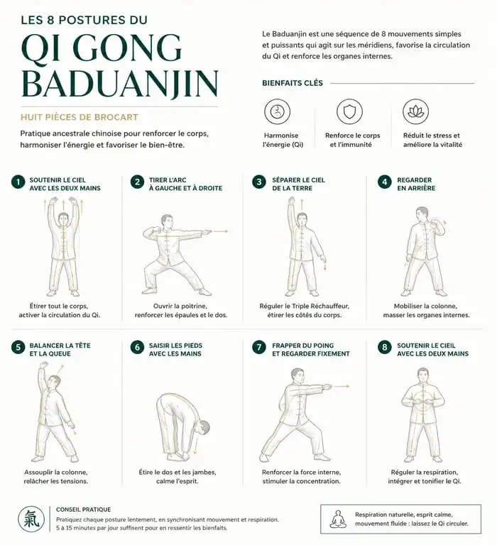 Infographie des 8 postures du Qi Gong Baduanjin pour la santé et le bien-être