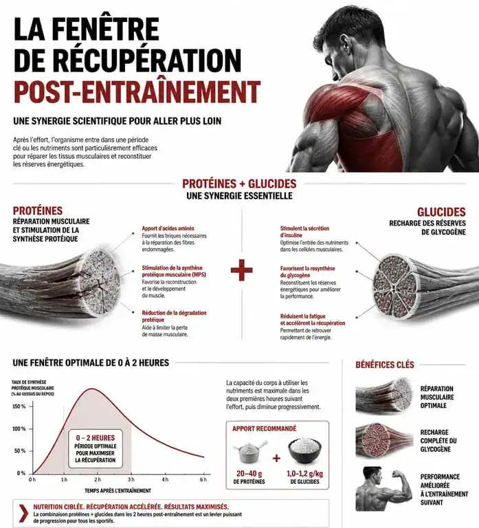 Infographie sur la nutrition et la récupération après le sport : que manger après le sport pour optimiser la récupération musculaire